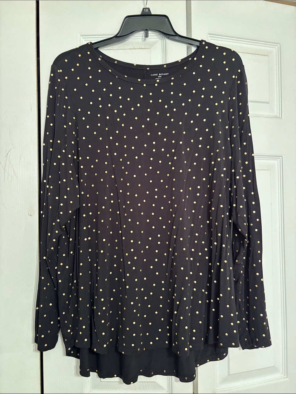 Lane Bryant Black Long Sleeve Top with Gold Polka Dots